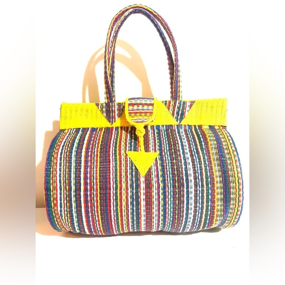 Handmade mash stew  Colorful Striped Handbag with Yellow Accents